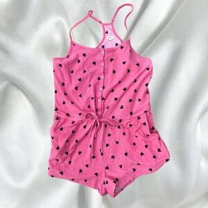 Pink and black heart print button up loungewear pajama romper